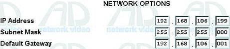 Typical set-up on a CCTV network video server. The network ether IP address, subnet mask, and gateway are defined for a typical small network